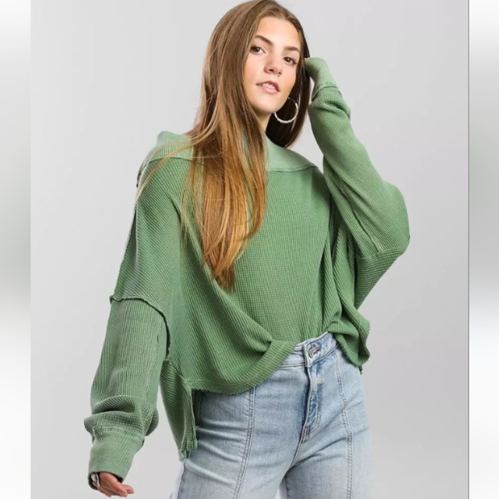 We The Free X-SMALL Close To You Cotton Waffle Knit Top In Cool Moss Green